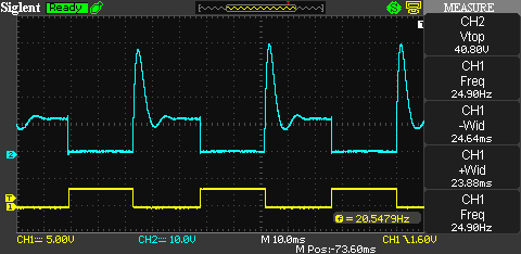 Oscilloscope trace of 10uF and 10R snubber