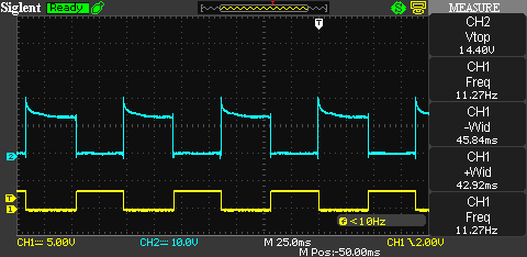 Oscilloscope trace of diode and 10R resistor snubber.